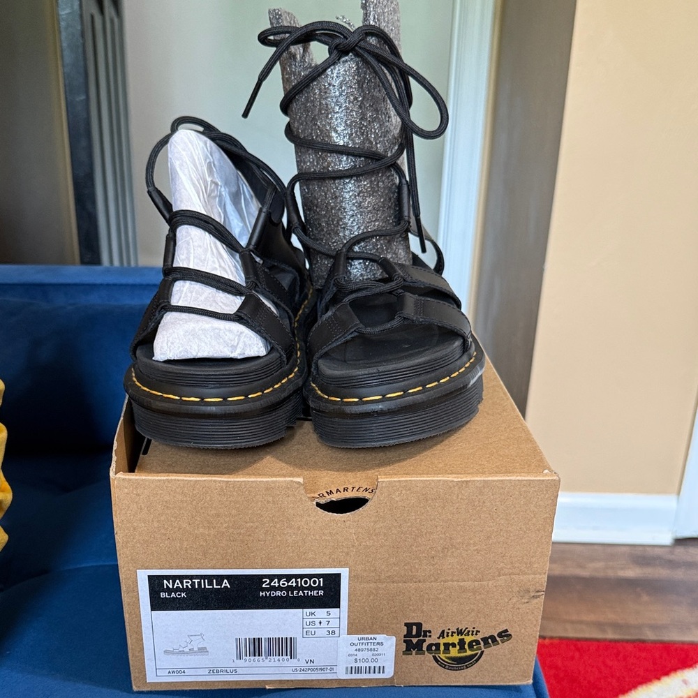 Dr. Martens Black Nartilla Sandals with Yellow Stitching